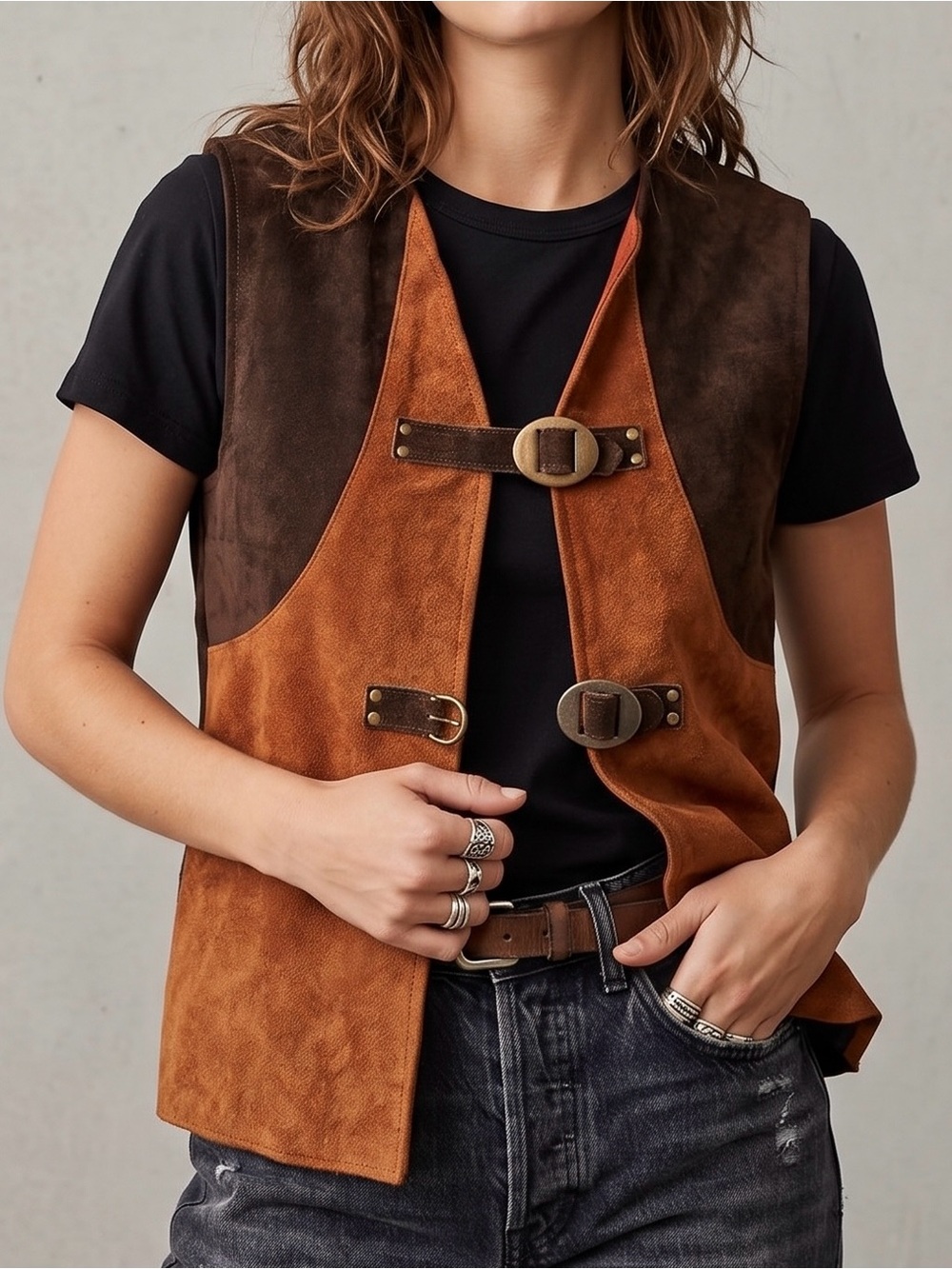 VTG Suede Leather Vest With Dual Buckle Womens Large Camel Brown Western